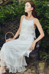 Flowy pleated organza dress with ruffle hem and cold-shoulder strap detail